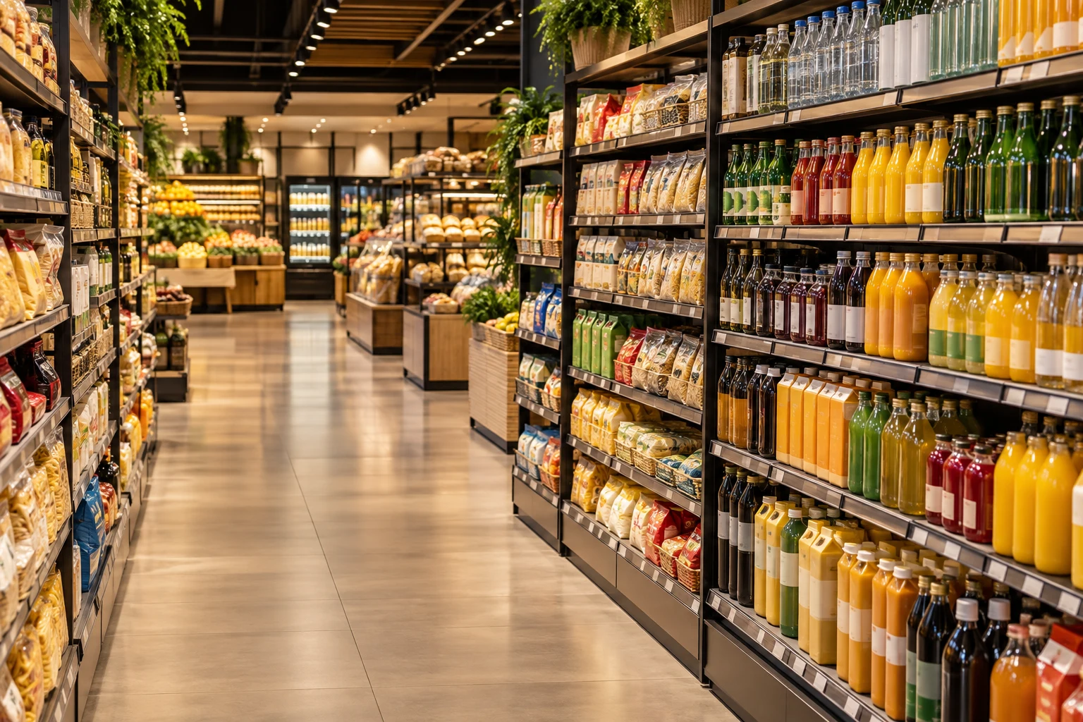 Corredor de supermercado com alimentos e bebidas organizados nas prateleiras